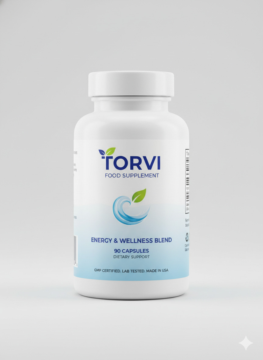 Torvi food supplement bottle and label on a neutral background